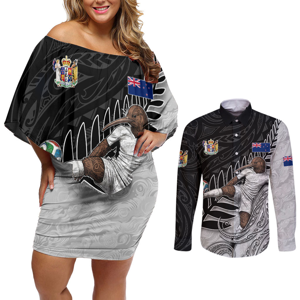 Personalized New Zealand Football Couples Matching Off Shoulder Short Dress and Long Sleeve Button Shirt Kiwi Mascot with Silver Fern - Maori Tribal Tattoo Art