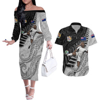 Personalized New Zealand Football Couples Matching Off The Shoulder Long Sleeve Dress and Hawaiian Shirt Kiwi Mascot with Silver Fern - Maori Tribal Tattoo Art