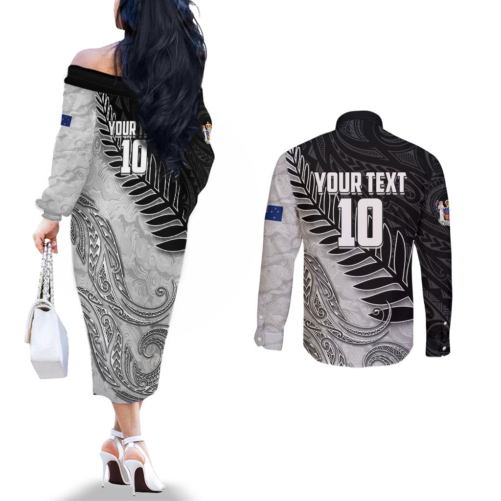 Personalized New Zealand Football Couples Matching Off The Shoulder Long Sleeve Dress and Long Sleeve Button Shirt Kiwi Mascot with Silver Fern - Maori Tribal Tattoo Art