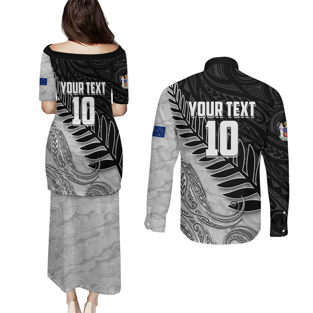 Personalized New Zealand Football Couples Matching Puletasi and Long Sleeve Button Shirt Kiwi Mascot with Silver Fern - Maori Tribal Tattoo Art