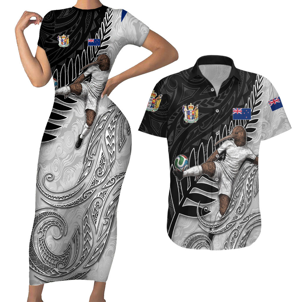 Personalized New Zealand Football Couples Matching Short Sleeve Bodycon Dress and Hawaiian Shirt Kiwi Mascot with Silver Fern - Maori Tribal Tattoo Art