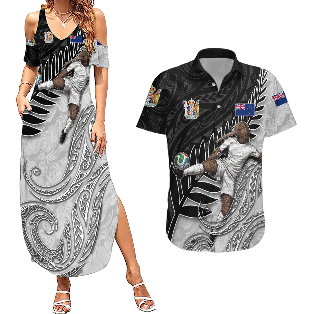 Personalized New Zealand Football Couples Matching Summer Maxi Dress and Hawaiian Shirt Kiwi Mascot with Silver Fern - Maori Tribal Tattoo Art TS04 Black White - Polynesian Pride