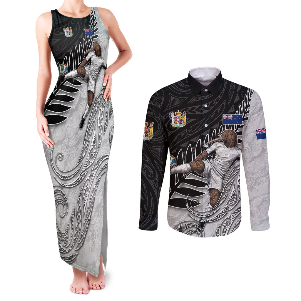 Personalized New Zealand Football Couples Matching Tank Maxi Dress and Long Sleeve Button Shirt Kiwi Mascot with Silver Fern - Maori Tribal Tattoo Art
