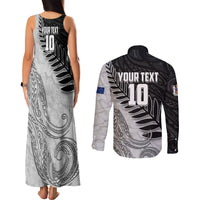 Personalized New Zealand Football Couples Matching Tank Maxi Dress and Long Sleeve Button Shirt Kiwi Mascot with Silver Fern - Maori Tribal Tattoo Art