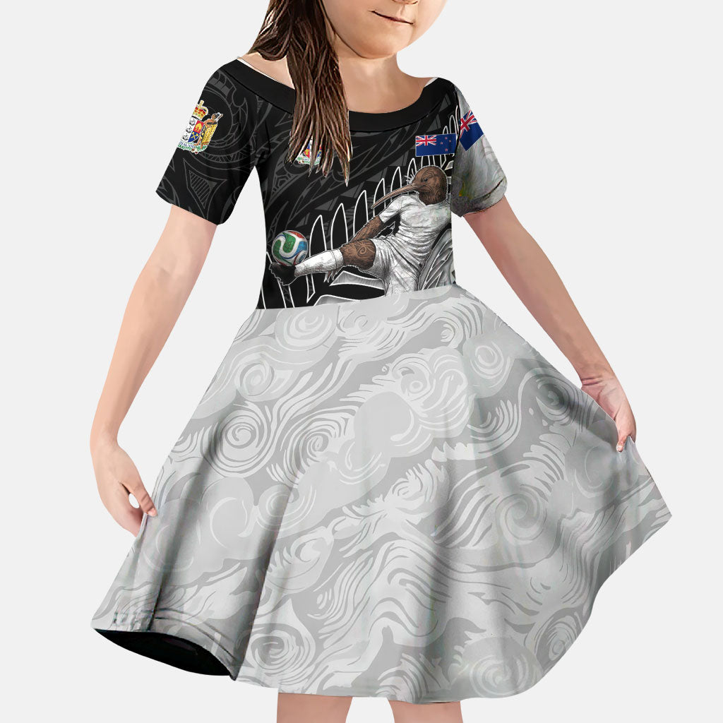 Personalized New Zealand Football Family Matching Off The Shoulder Long Sleeve Dress and Hawaiian Shirt Kiwi Mascot with Silver Fern - Maori Tribal Tattoo Art