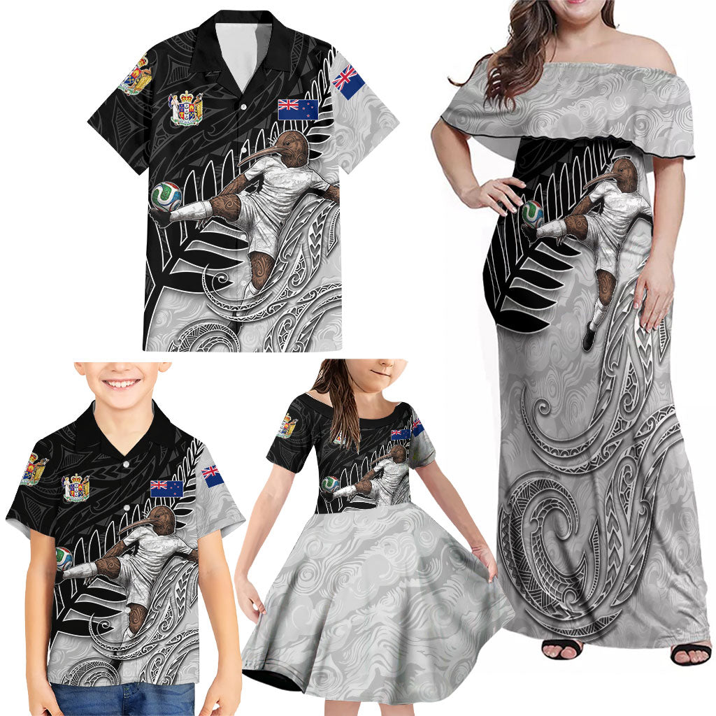 Personalized New Zealand Football Family Matching Off Shoulder Maxi Dress and Hawaiian Shirt Kiwi Mascot with Silver Fern - Maori Tribal Tattoo Art
