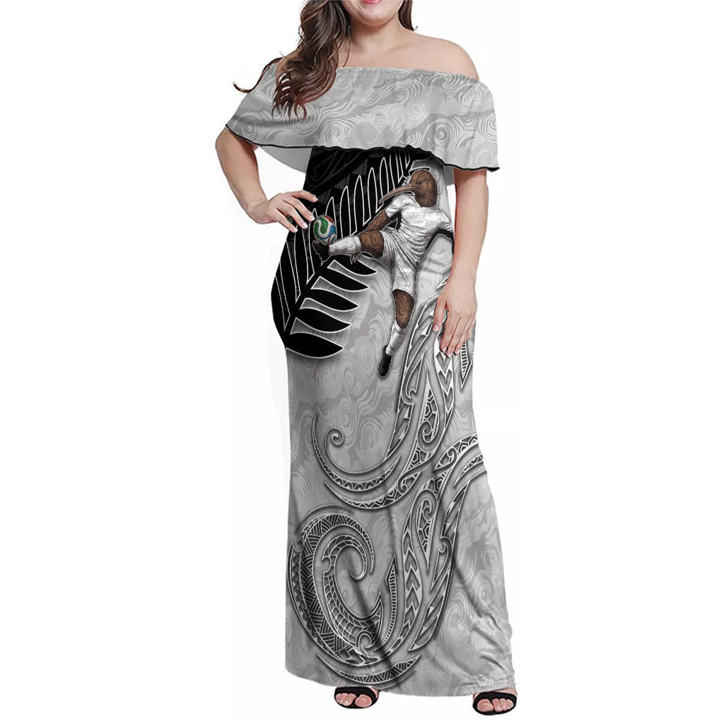 Personalized New Zealand Football Family Matching Off Shoulder Maxi Dress and Hawaiian Shirt Kiwi Mascot with Silver Fern - Maori Tribal Tattoo Art