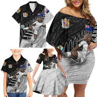 Personalized New Zealand Football Family Matching Off Shoulder Short Dress and Hawaiian Shirt Kiwi Mascot with Silver Fern - Maori Tribal Tattoo Art