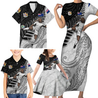 Personalized New Zealand Football Family Matching Short Sleeve Bodycon Dress and Hawaiian Shirt Kiwi Mascot with Silver Fern - Maori Tribal Tattoo Art TS04 - Polynesian Pride
