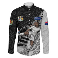 Personalized New Zealand Football Family Matching Short Sleeve Bodycon Dress and Hawaiian Shirt Kiwi Mascot with Silver Fern - Maori Tribal Tattoo Art TS04 Dad's Shirt - Long Sleeve Black White - Polynesian Pride