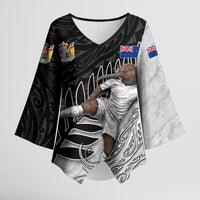 Personalized New Zealand Football Kimono Sleeve Blouse Kiwi Mascot with Silver Fern - Maori Tribal Tattoo Art