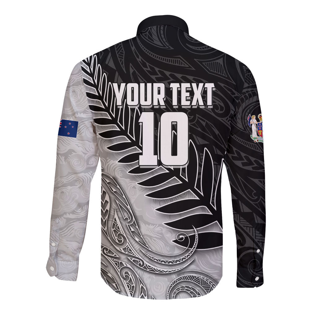 Personalized New Zealand Football Long Sleeve Button Shirt Kiwi Mascot with Silver Fern - Maori Tribal Tattoo Art