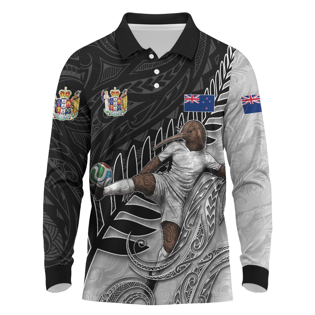 Personalized New Zealand Football Long Sleeve Polo Shirt Kiwi Mascot with Silver Fern - Maori Tribal Tattoo Art TS04 Black White - Polynesian Pride