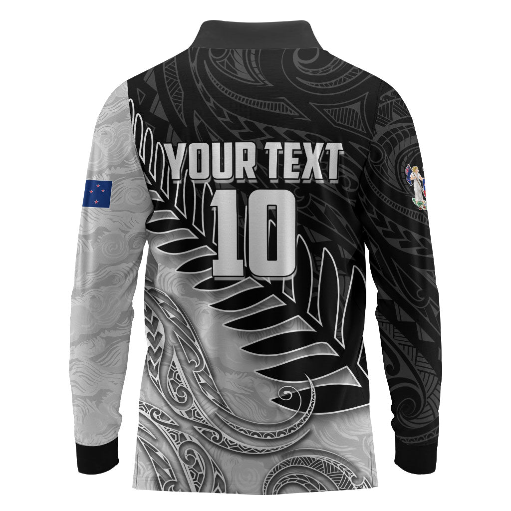 Personalized New Zealand Football Long Sleeve Polo Shirt Kiwi Mascot with Silver Fern - Maori Tribal Tattoo Art TS04 - Polynesian Pride