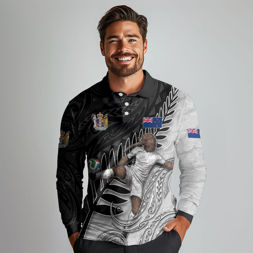 Personalized New Zealand Football Long Sleeve Polo Shirt Kiwi Mascot with Silver Fern - Maori Tribal Tattoo Art TS04 - Polynesian Pride