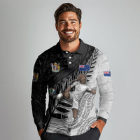 Personalized New Zealand Football Long Sleeve Polo Shirt Kiwi Mascot with Silver Fern - Maori Tribal Tattoo Art TS04 - Polynesian Pride