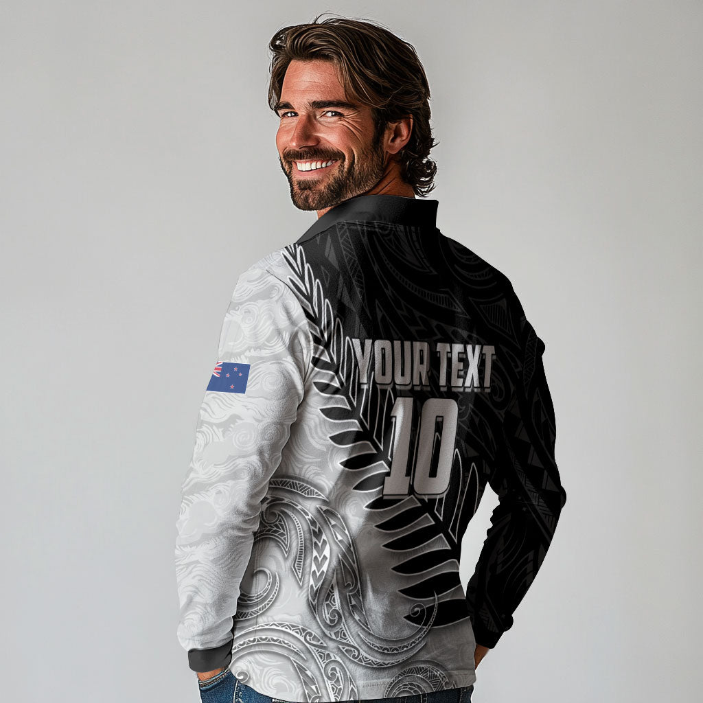 Personalized New Zealand Football Long Sleeve Polo Shirt Kiwi Mascot with Silver Fern - Maori Tribal Tattoo Art TS04 - Polynesian Pride