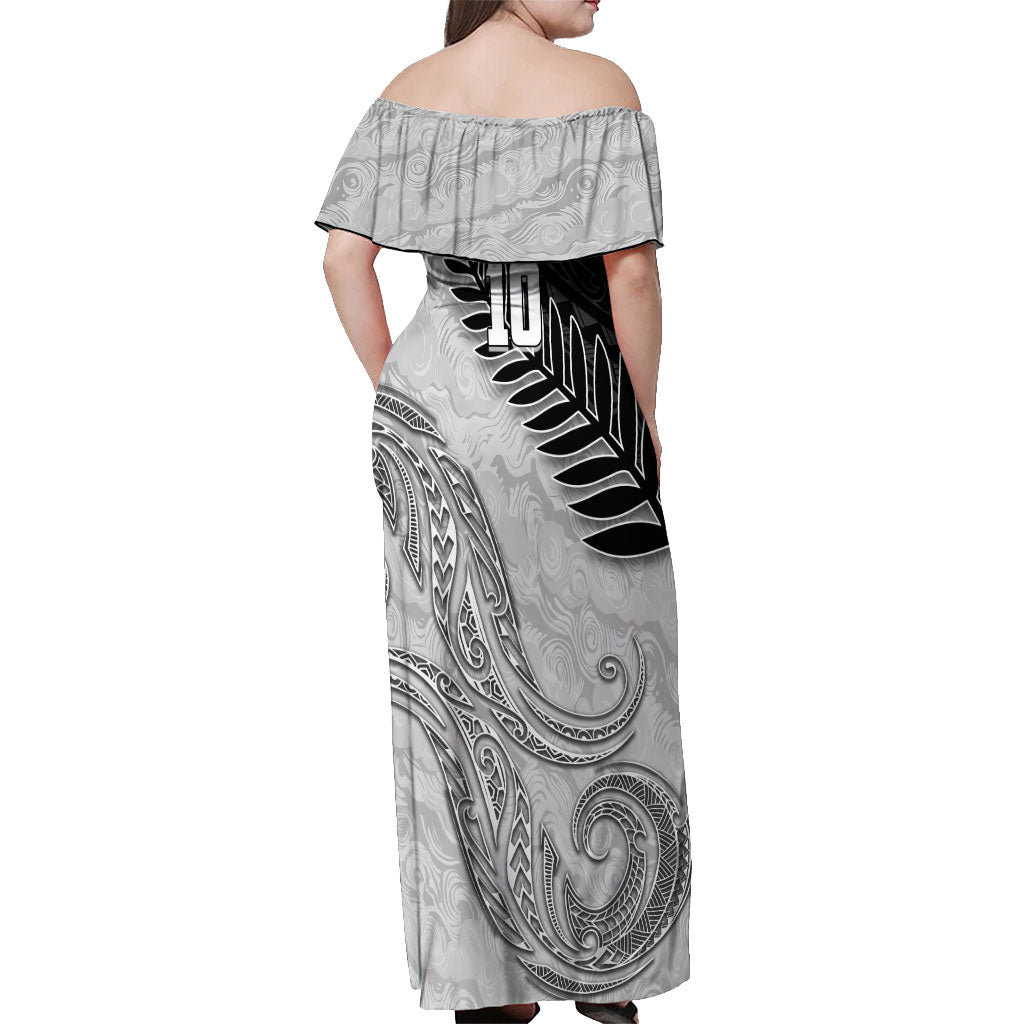 Personalized New Zealand Football Off Shoulder Maxi Dress Kiwi Mascot with Silver Fern - Maori Tribal Tattoo Art