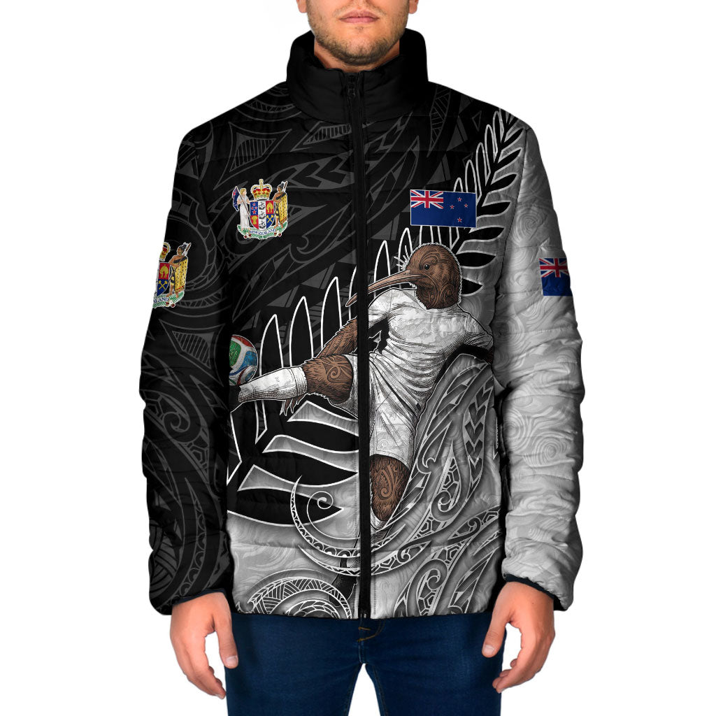 Personalized New Zealand Football Padded Jacket Kiwi Mascot with Silver Fern - Maori Tribal Tattoo Art