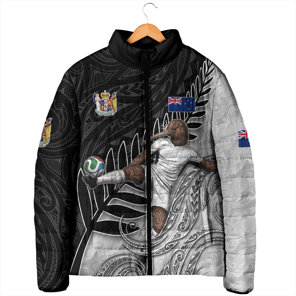Personalized New Zealand Football Padded Jacket Kiwi Mascot with Silver Fern - Maori Tribal Tattoo Art