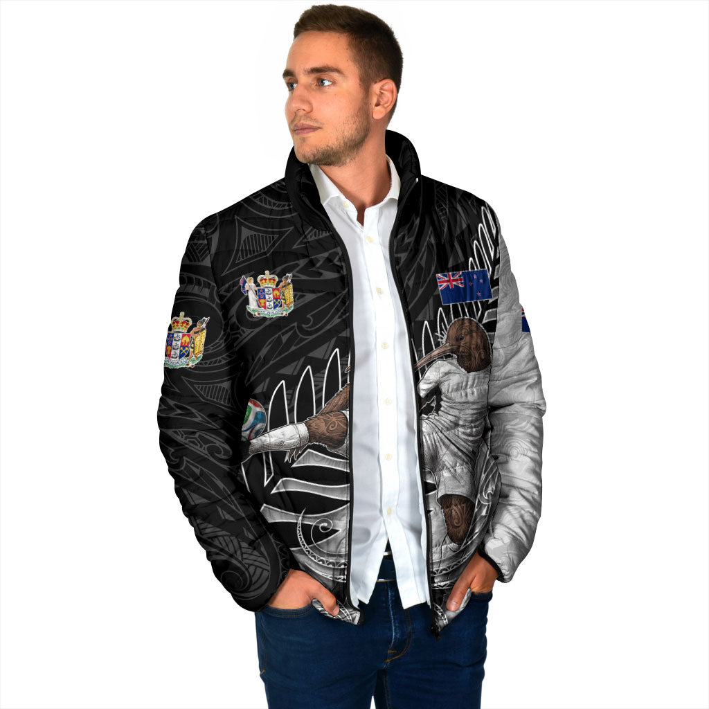 Personalized New Zealand Football Padded Jacket Kiwi Mascot with Silver Fern - Maori Tribal Tattoo Art
