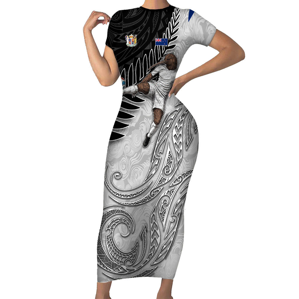 Personalized New Zealand Football Short Sleeve Bodycon Dress Kiwi Mascot with Silver Fern - Maori Tribal Tattoo Art TS04 Long Dress Black White - Polynesian Pride