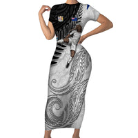 Personalized New Zealand Football Short Sleeve Bodycon Dress Kiwi Mascot with Silver Fern - Maori Tribal Tattoo Art TS04 Long Dress Black White - Polynesian Pride