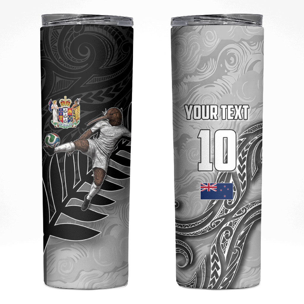 Personalized New Zealand Football Skinny Tumbler Kiwi Mascot with Silver Fern - Maori Tribal Tattoo Art