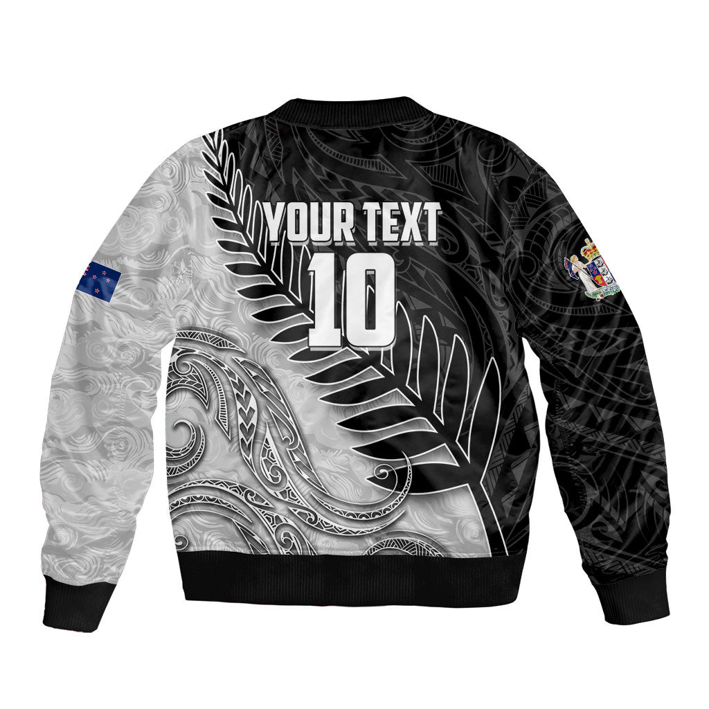 Personalized New Zealand Football Sleeve Zip Bomber Jacket Kiwi Mascot with Silver Fern - Maori Tribal Tattoo Art