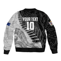 Personalized New Zealand Football Sleeve Zip Bomber Jacket Kiwi Mascot with Silver Fern - Maori Tribal Tattoo Art