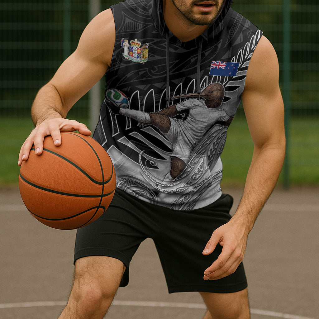 Personalized New Zealand Football Sleeveless Hoodie Kiwi Mascot with Silver Fern - Maori Tribal Tattoo Art