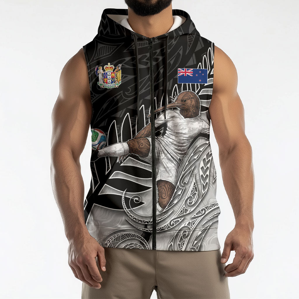 Personalized New Zealand Football Sleeveless Zip Hoodie Kiwi Mascot with Silver Fern - Maori Tribal Tattoo Art TS04 - Polynesian Pride