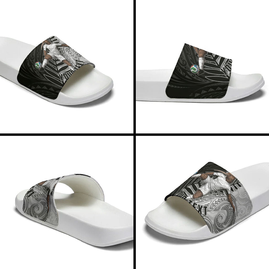 Personalized New Zealand Football Slide Sandals Kiwi Mascot with Silver Fern - Maori Tribal Tattoo Art