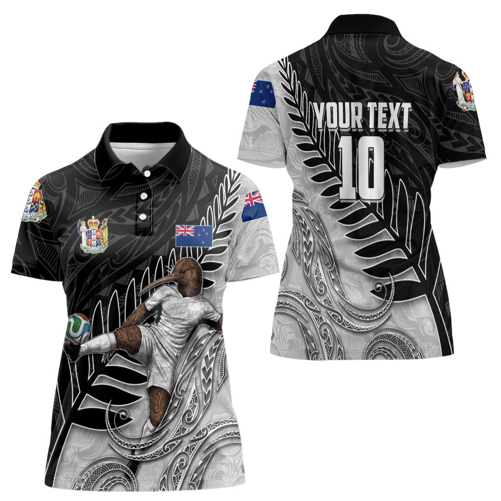 Personalized New Zealand Football Women Polo Shirt Kiwi Mascot with Silver Fern - Maori Tribal Tattoo Art