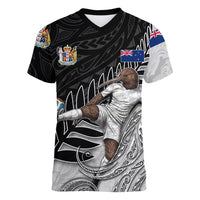 Personalized New Zealand Football Women V-Neck T-Shirt Kiwi Mascot with Silver Fern - Maori Tribal Tattoo Art