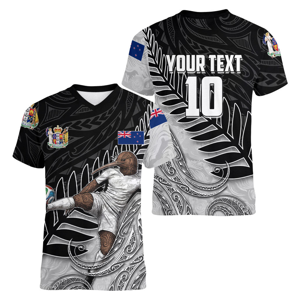 Personalized New Zealand Football Women V-Neck T-Shirt Kiwi Mascot with Silver Fern - Maori Tribal Tattoo Art