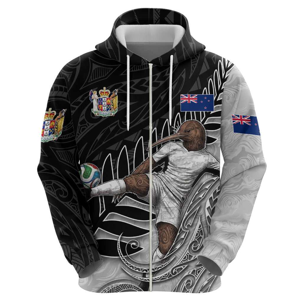 Personalized New Zealand Football Zip Hoodie Kiwi Mascot with Silver Fern - Maori Tribal Tattoo Art