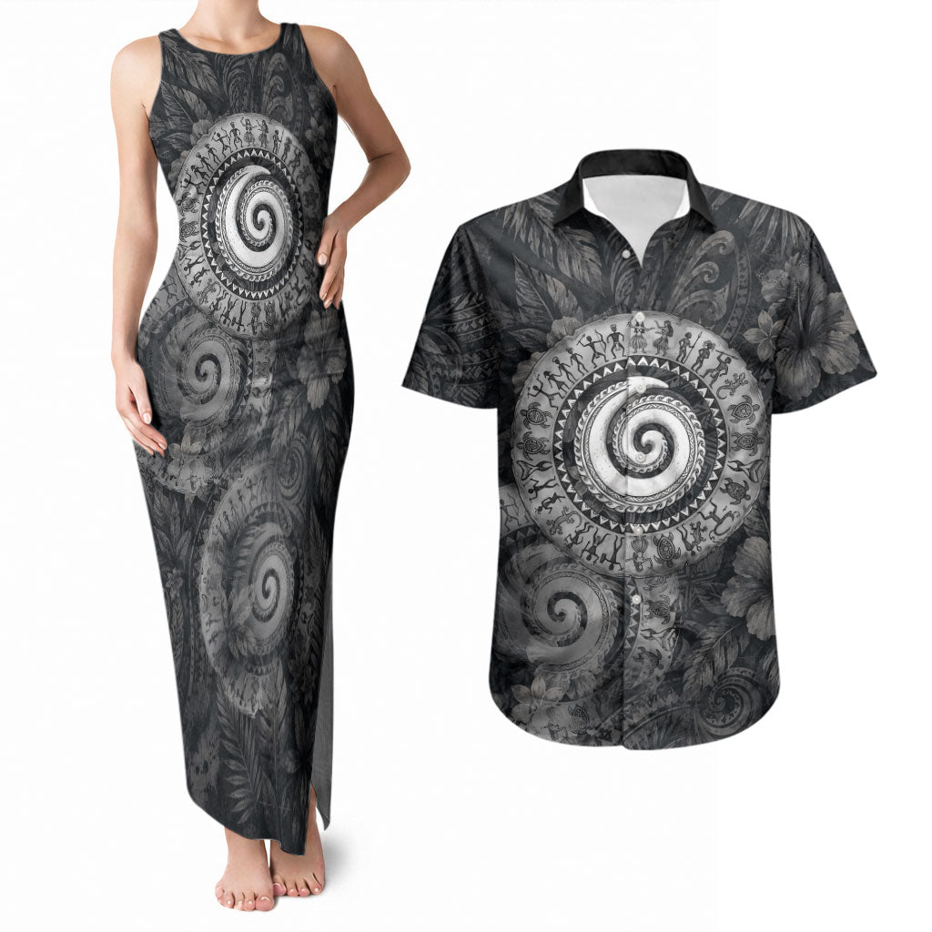 Hawaiian Piko Couples Matching Tank Maxi Dress and Hawaiian Shirt Cultural Anchor Connect Your Roots Ocean Waves