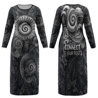 Hawaiian Piko Family Matching Long Sleeve Bodycon Dress and Hawaiian Shirt Cultural Anchor Connect Your Roots Ocean Waves TS04 Mom's Dress Black Grey - Polynesian Pride