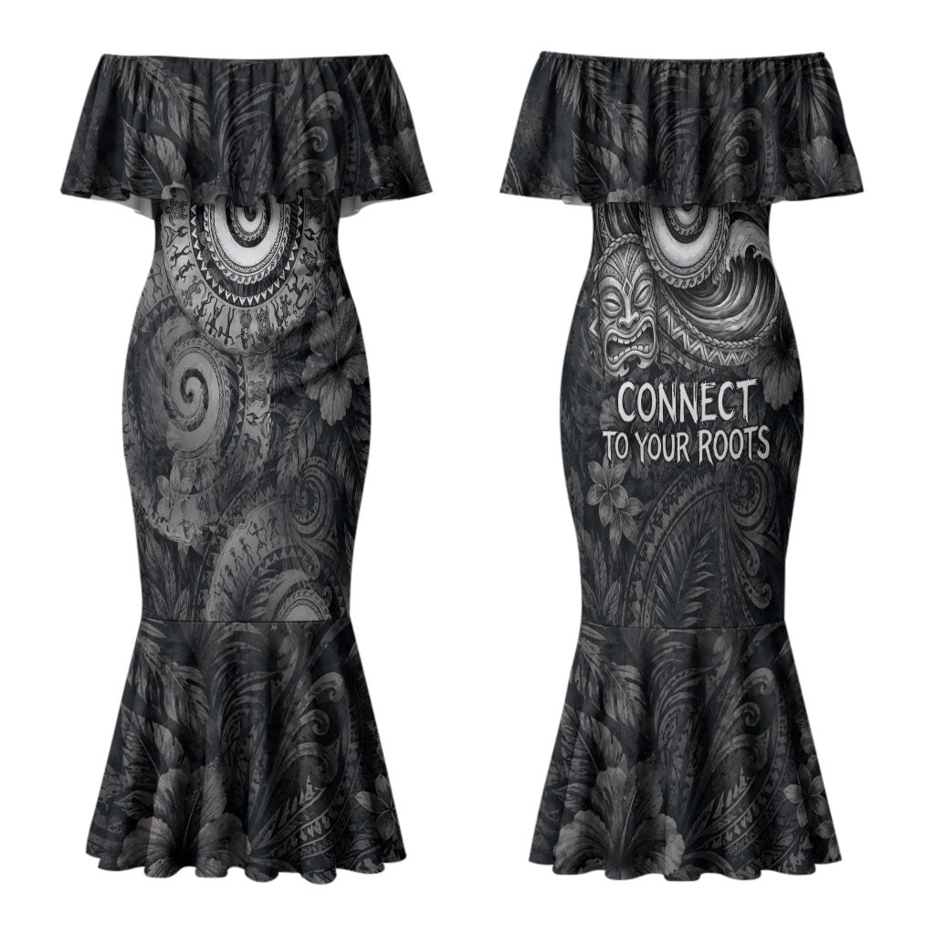 Hawaiian Piko Family Matching Mermaid Dress and Hawaiian Shirt Cultural Anchor Connect Your Roots Ocean Waves TS04 Mom's Dress Black Grey - Polynesian Pride
