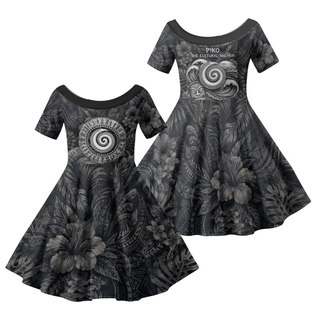 Hawaiian Piko Family Matching Mermaid Dress and Hawaiian Shirt Cultural Anchor Connect Your Roots Ocean Waves TS04 Daughter's Dress Black Grey - Polynesian Pride