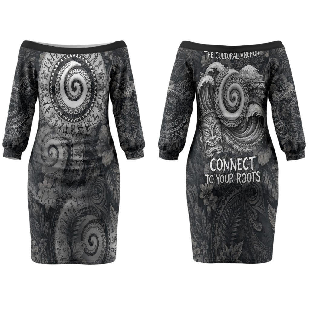 Hawaiian Piko Family Matching Off The Shoulder Long Sleeve Dress and Hawaiian Shirt Cultural Anchor Connect Your Roots Ocean Waves TS04 Mom's Dress Black Grey - Polynesian Pride