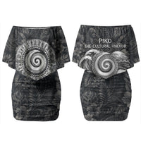 Hawaiian Piko Family Matching Off Shoulder Short Dress and Hawaiian Shirt Cultural Anchor Connect Your Roots Ocean Waves TS04 Mom's Dress Black Grey - Polynesian Pride