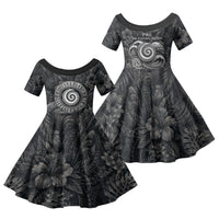 Hawaiian Piko Family Matching Puletasi and Hawaiian Shirt Cultural Anchor Connect Your Roots Ocean Waves TS04 Daughter's Dress Black Grey - Polynesian Pride