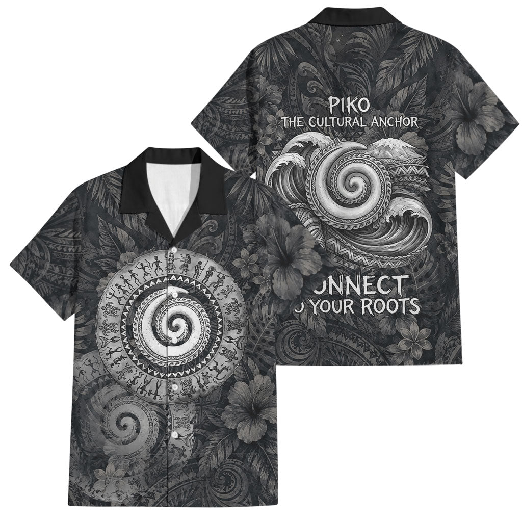 Hawaiian Piko Family Matching Short Sleeve Bodycon Dress and Hawaiian Shirt Cultural Anchor Connect Your Roots Ocean Waves TS04 Dad's Shirt - Short Sleeve Black Grey - Polynesian Pride