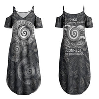 Hawaiian Piko Family Matching Summer Maxi Dress and Hawaiian Shirt Cultural Anchor Connect Your Roots Ocean Waves TS04 Mom's Dress Black Grey - Polynesian Pride
