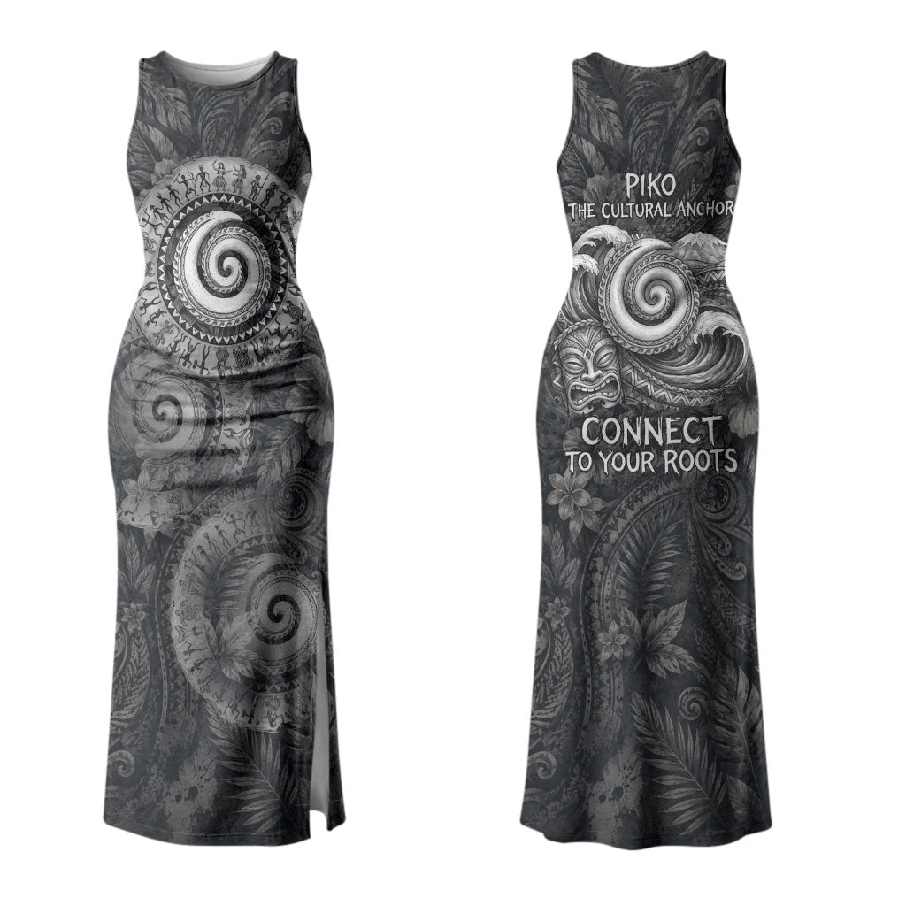 Hawaiian Piko Family Matching Tank Maxi Dress and Hawaiian Shirt Cultural Anchor Connect Your Roots Ocean Waves TS04 Mom's Dress Black Grey - Polynesian Pride