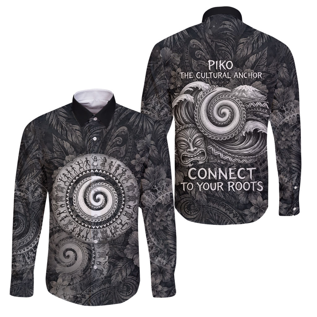 Hawaiian Piko Family Matching Tank Maxi Dress and Hawaiian Shirt Cultural Anchor Connect Your Roots Ocean Waves TS04 Dad's Shirt - Long Sleeve Black Grey - Polynesian Pride