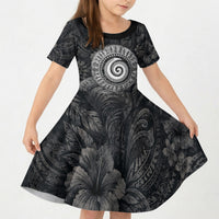 Hawaiian Piko Kid Short Sleeve Dress Cultural Anchor Connect Your Roots Ocean Waves TS04 KID Black Grey - Polynesian Pride