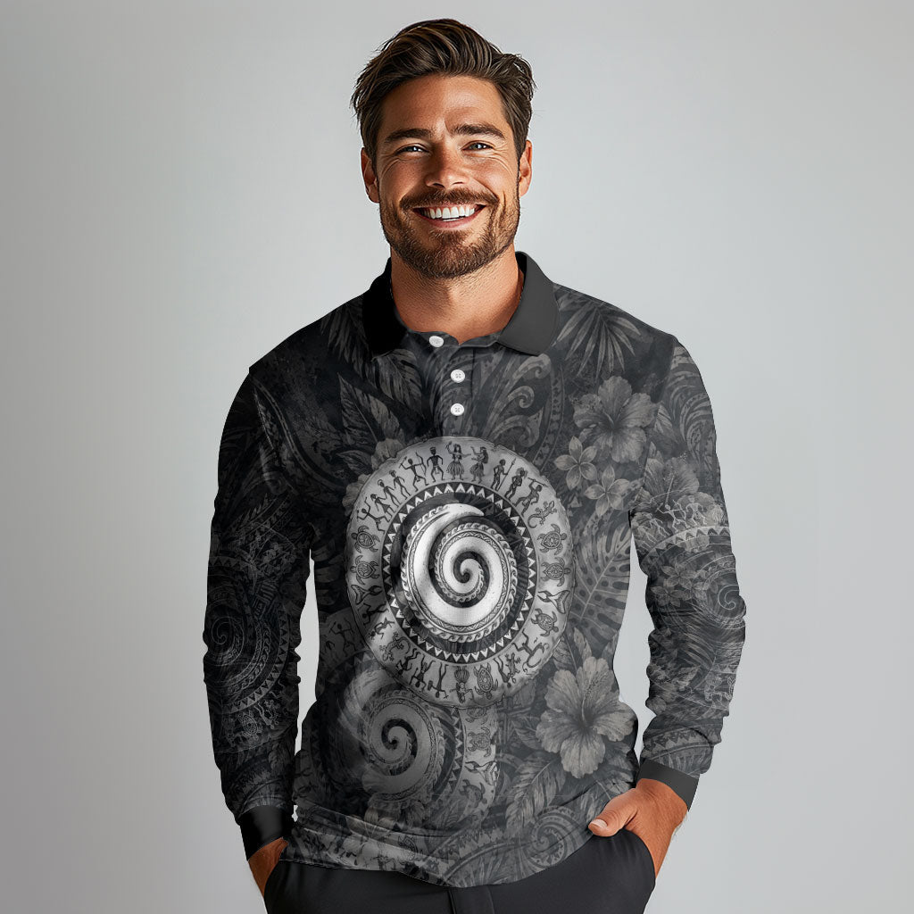 Hawaiian Piko Long Sleeve Polo Shirt Cultural Anchor Connect Your Roots Ocean Waves